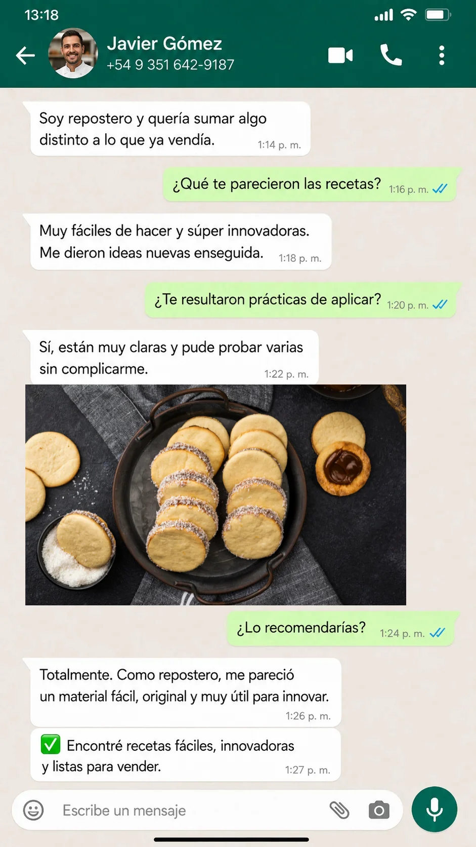 Testimonio de Javier Gómez por WhatsApp sobre recetas fáciles e innovadoras