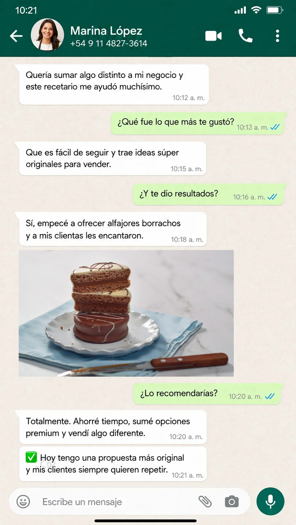 Testimonio de Marina López por WhatsApp sobre el recetario de alfajores borrachos