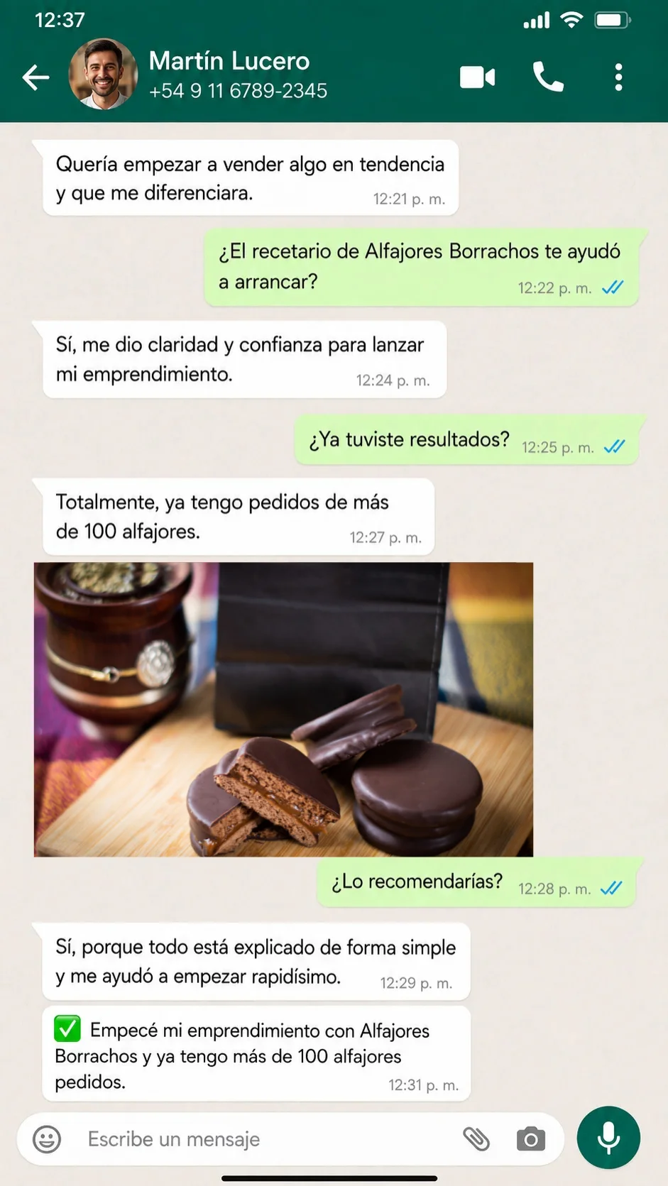 Testimonio de Martín Lucero por WhatsApp con más de 100 alfajores pedidos