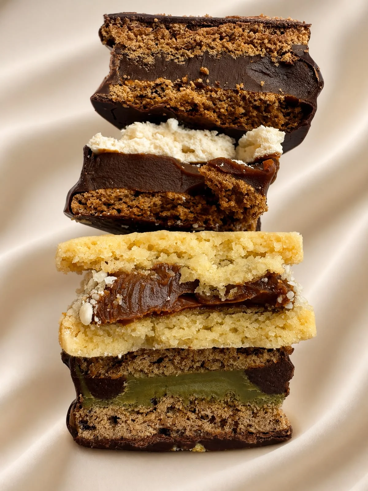 Variedad de alfajores rellenos de chocolate, dulce de leche y pistacho