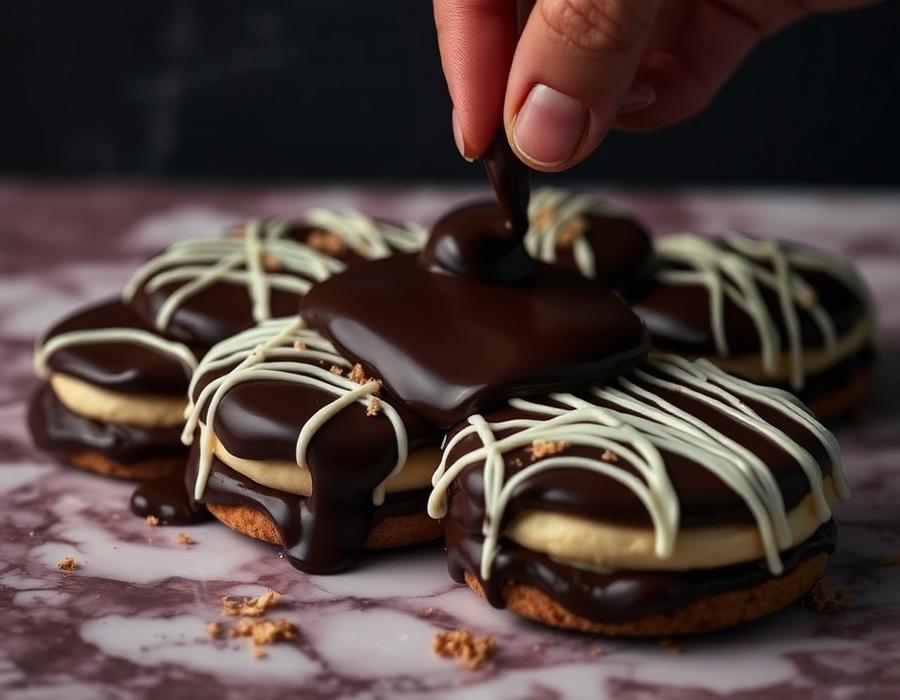 Alfajores bañados en chocolate con hilos de chocolate blanco