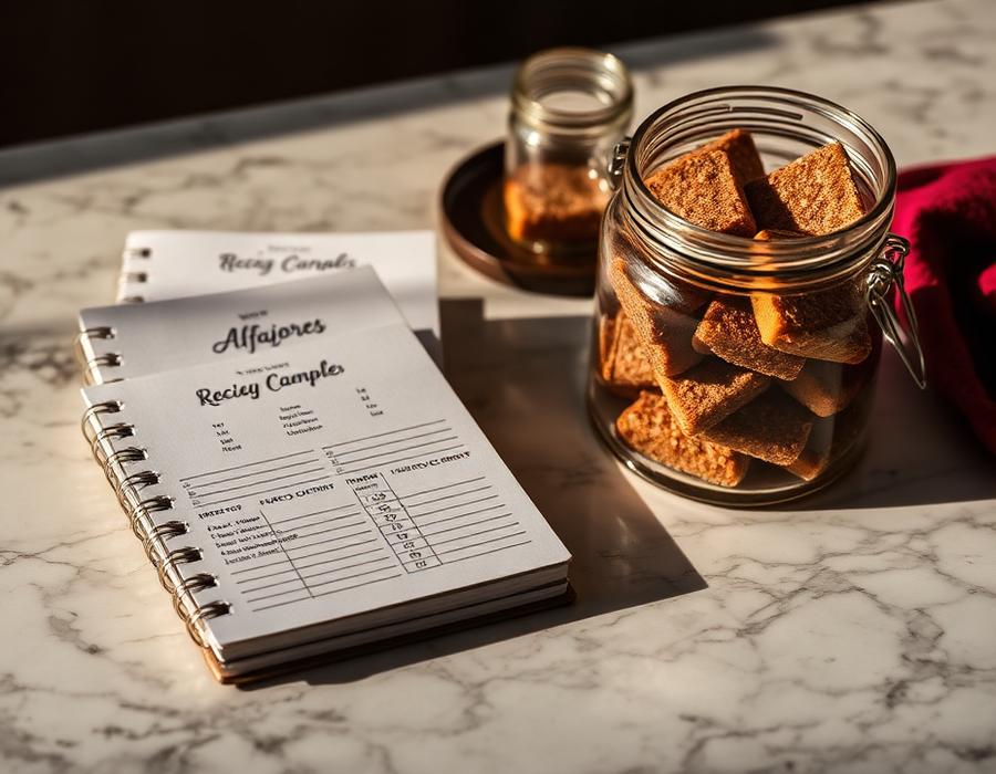 Cuaderno con fichas de recetas y frasco de conservación con alfajores