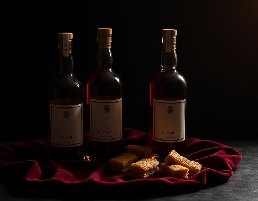 Botellas de licor sobre terciopelo bordó junto a alfajores