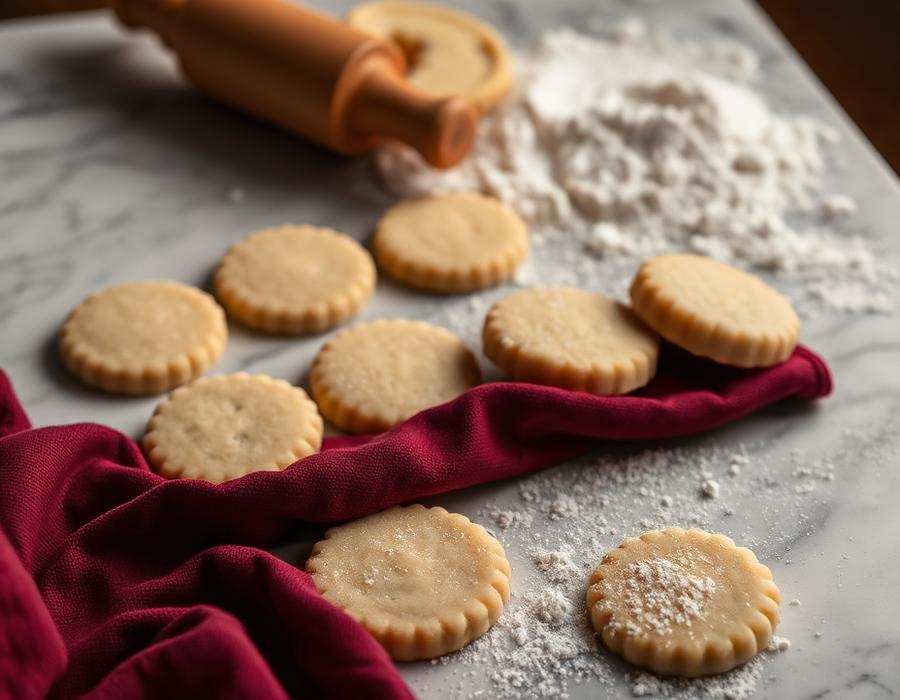 Discos de masa de alfajor recién cortados sobre mármol con palo de amasar