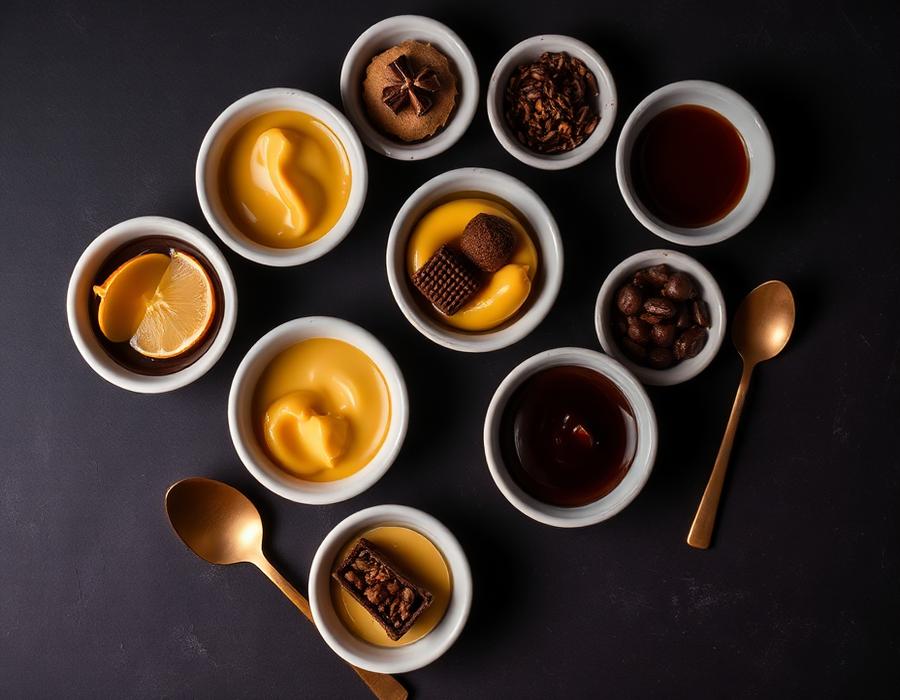 Diez cuencos con distintos rellenos para alfajores vistos desde arriba