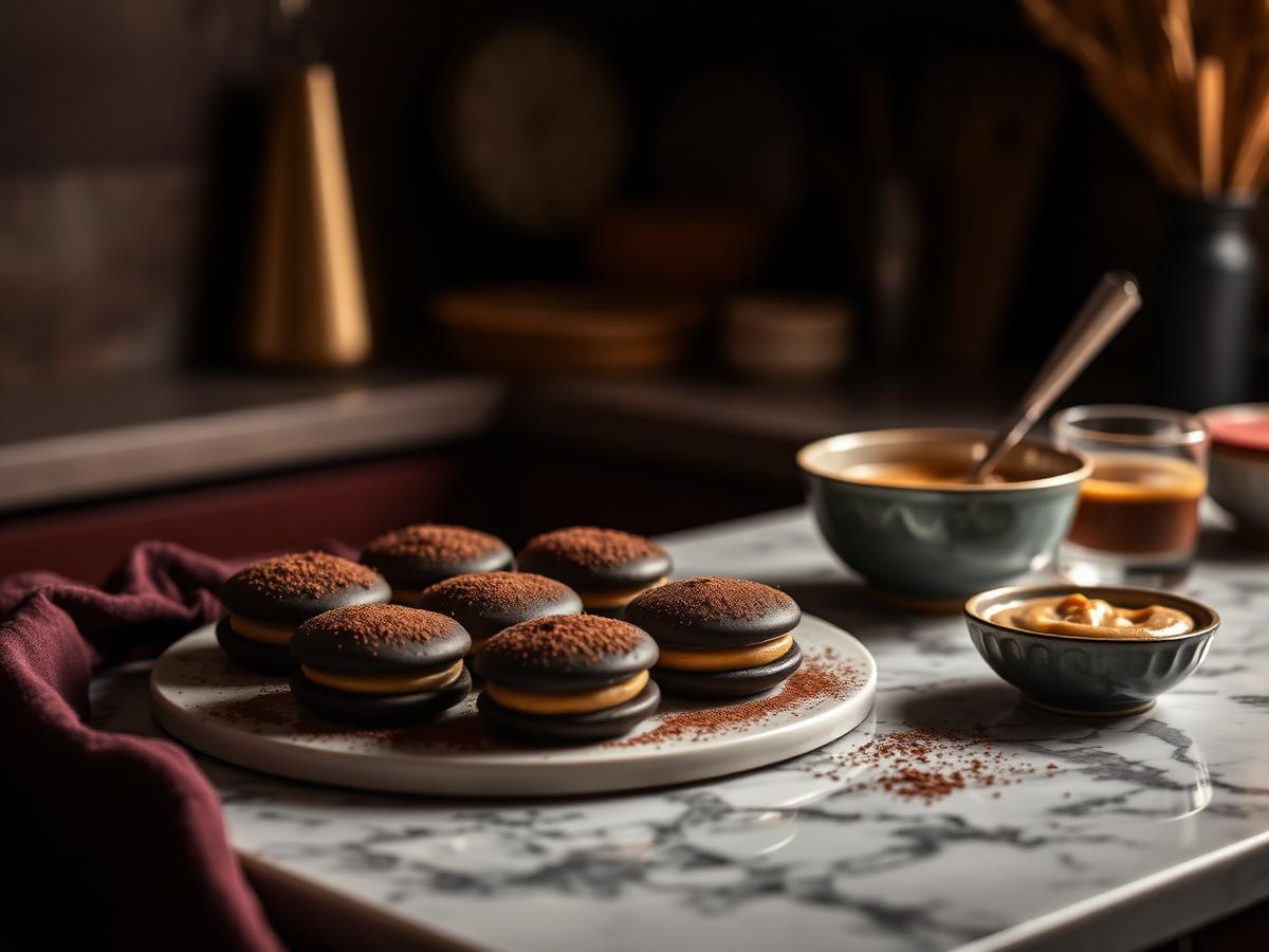 Alfajores artesanales con cacao junto a un vaso de licor y dulce de leche sobre mármol